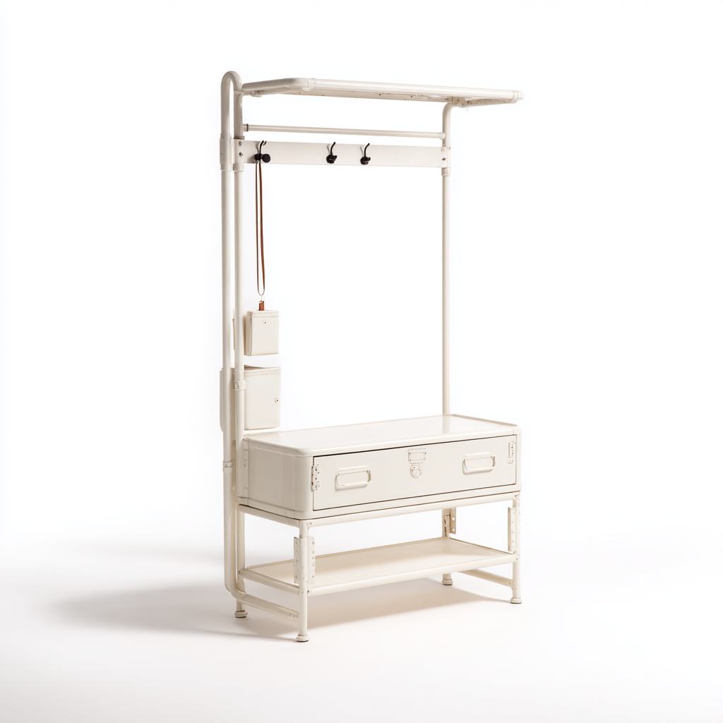 Garderobe Metall Weiß mit Sitzbank und Aufbewahrungskasten 85x40x185 cm - Kleiderhaken und Ablage im modernen Design-Shelterota