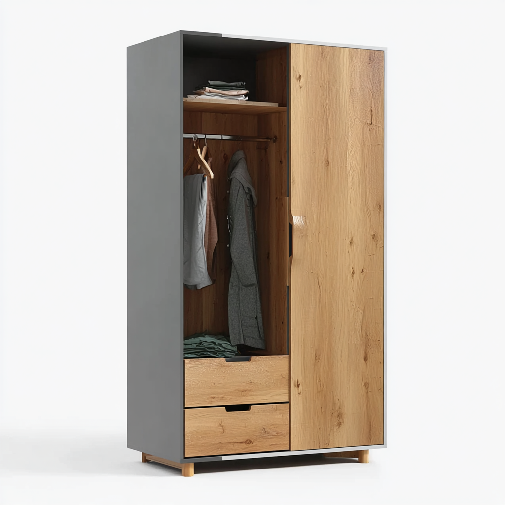 Kleiderschrank Holzoptik-Grau 185x90x58 cm mit 2 Schubladen und Kleiderstange Modernes Design-Shelterota
