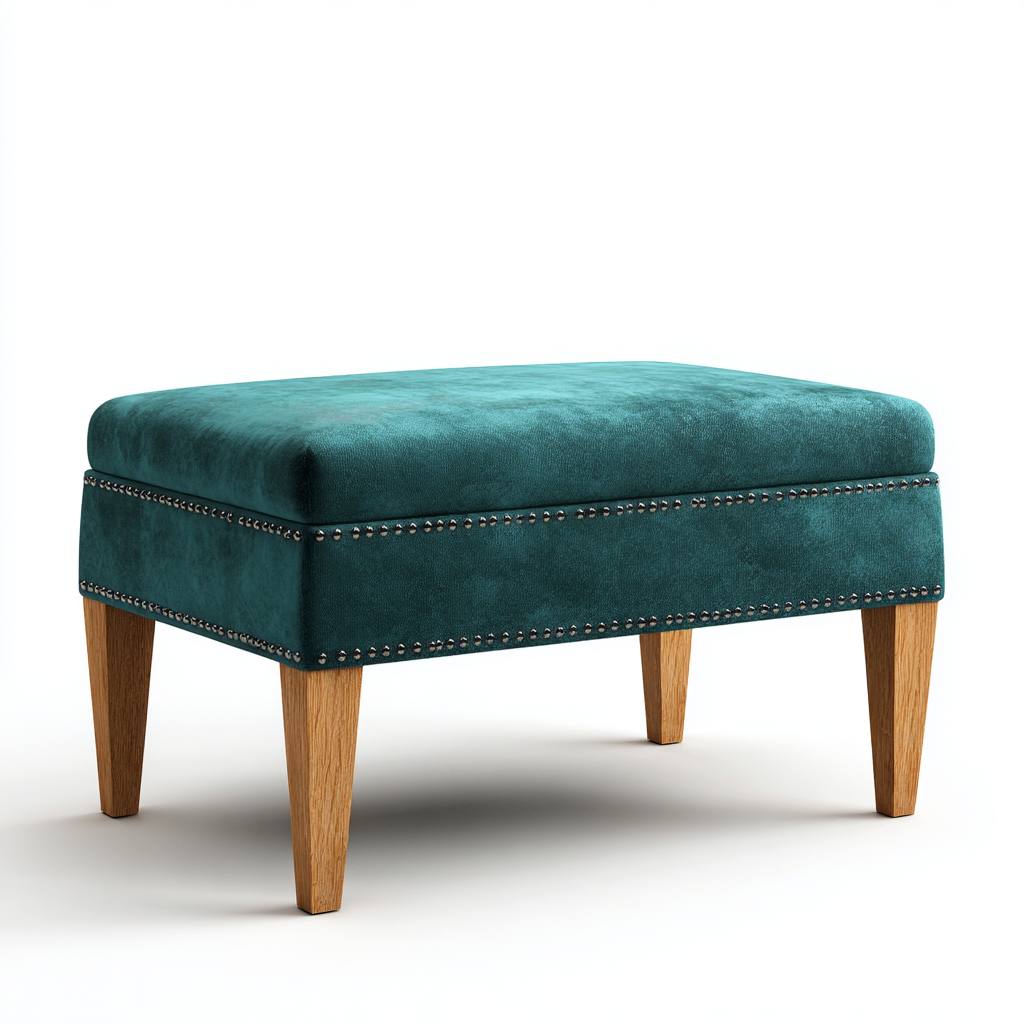 Bank Samt Petrol 60x45x45 cm - Polsterhocker mit Nietenverzierung und Holzfüßen