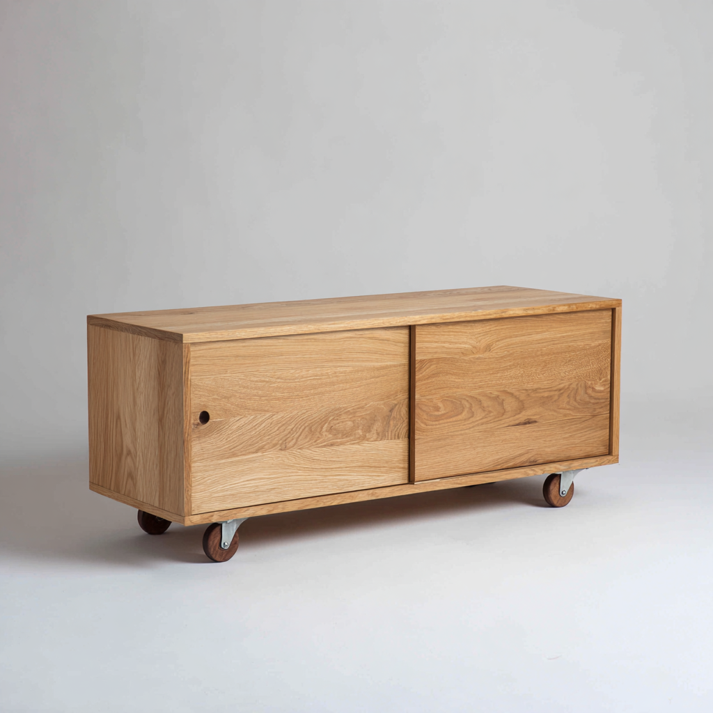 TV Board Holz 120x40x48 cm Natur mit Rollen Modernes Design mit Schiebetüren