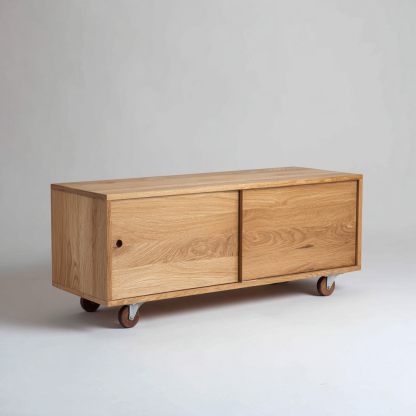 TV Board Holz 120x40x48 cm Natur mit Rollen Modernes Design mit Schiebetüren