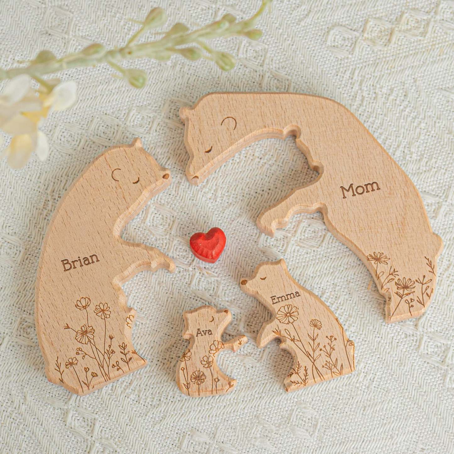 Hugging Bear Family Floral Custom Wooden Puzzle