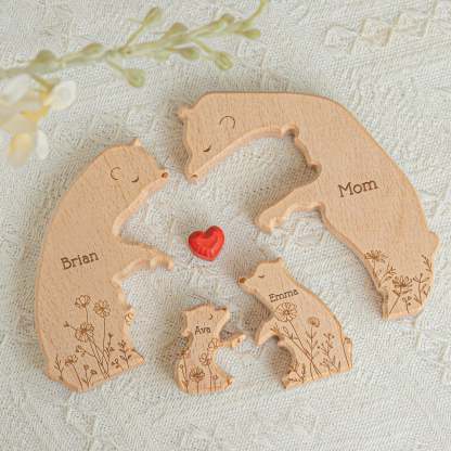 Hugging Bear Family Floral Custom Wooden Puzzle