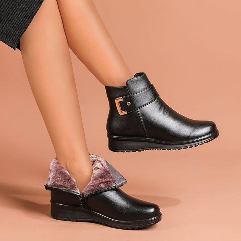 Genuine Leather Metal Buckle Velvet Boots