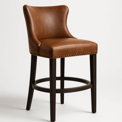 Tabouret de bar cuir marron bois hauteur 75 cm-Pureverdeaura