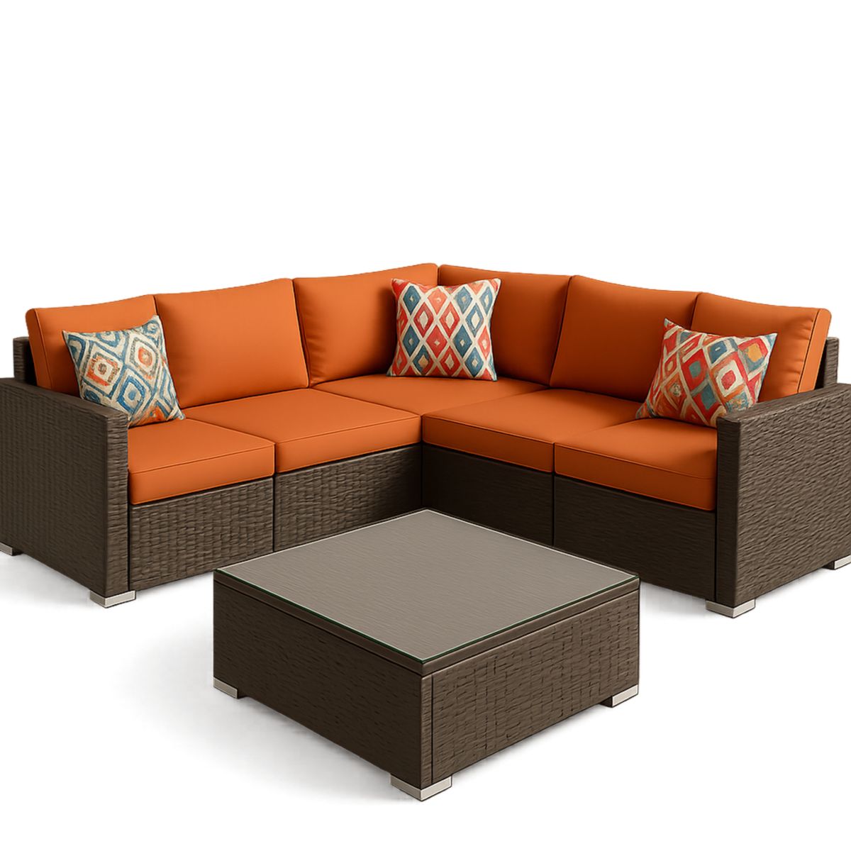 Ensemble de salon de jardin modulaire en résine tressée avec coussins orange-Pureverdeaura