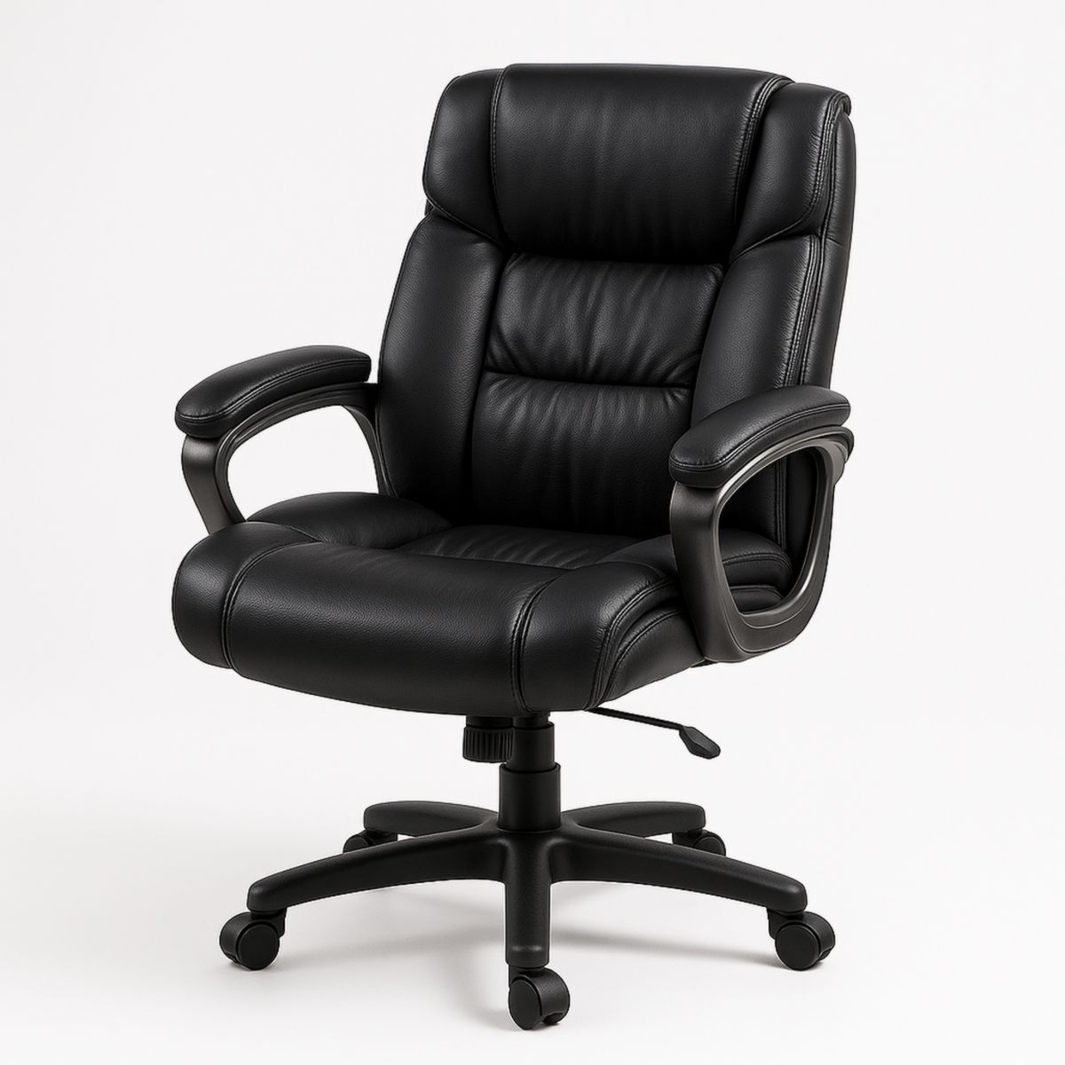 Fauteuil de bureau en cuir synthétique noir avec accoudoirs pivotants et roulettes-Pureverdeaura