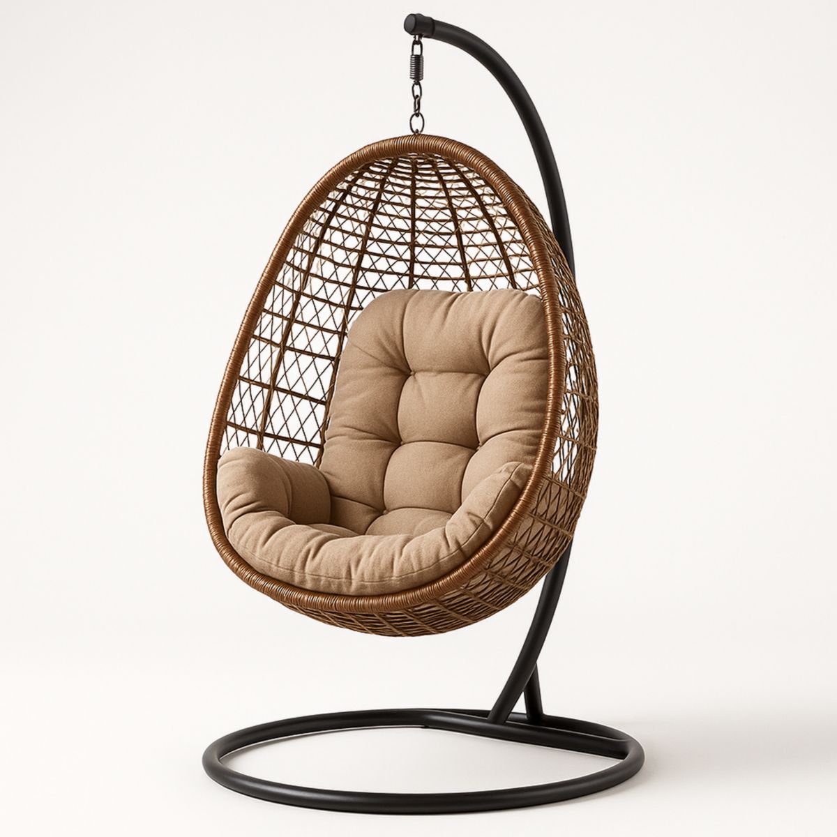 Fauteuil suspendu œuf en rotin marron avec coussin beige structure en métal-Pureverdeaura