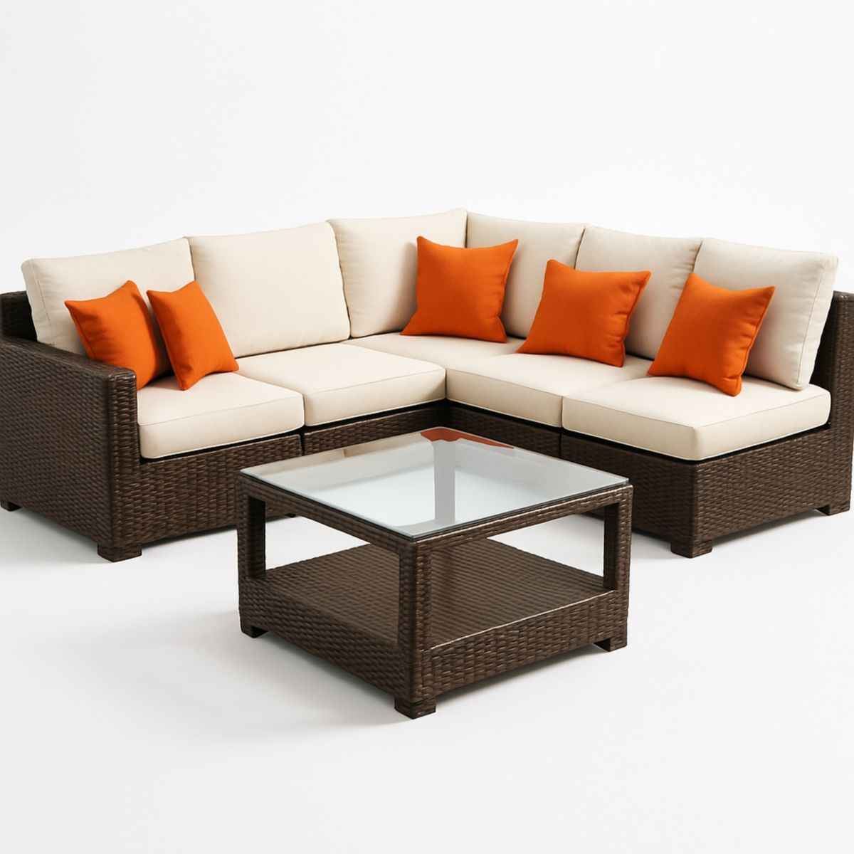 Ensemble de salon extérieur en résine tressée table verre coussins beiges orangés-Pureverdeaura