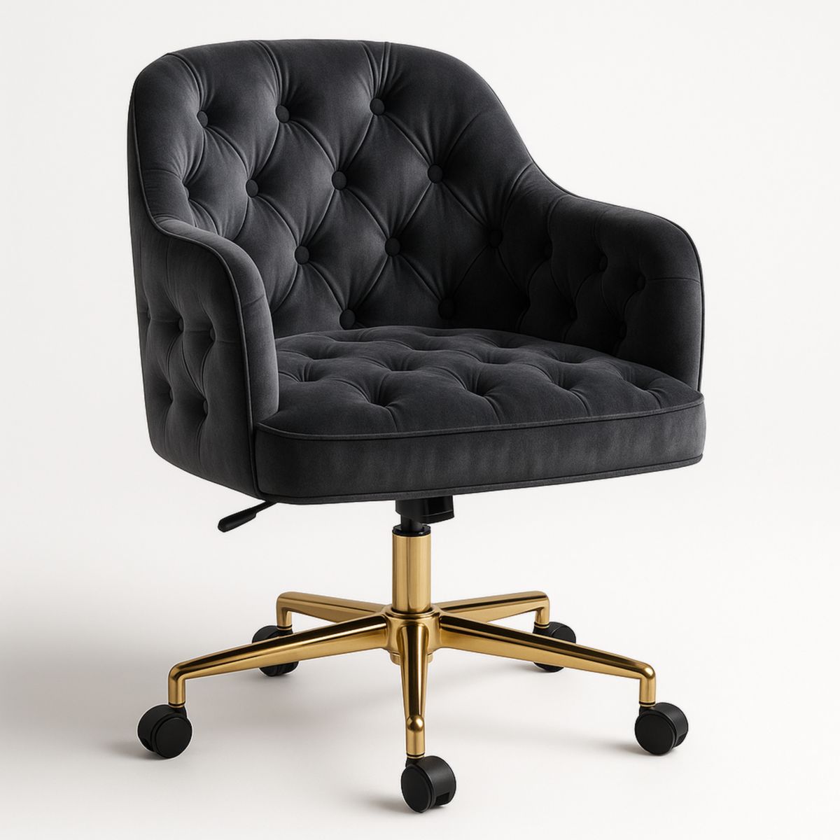 Fauteuil pivotant en velours noir avec pieds en métal doré et roulettes-Pureverdeaura