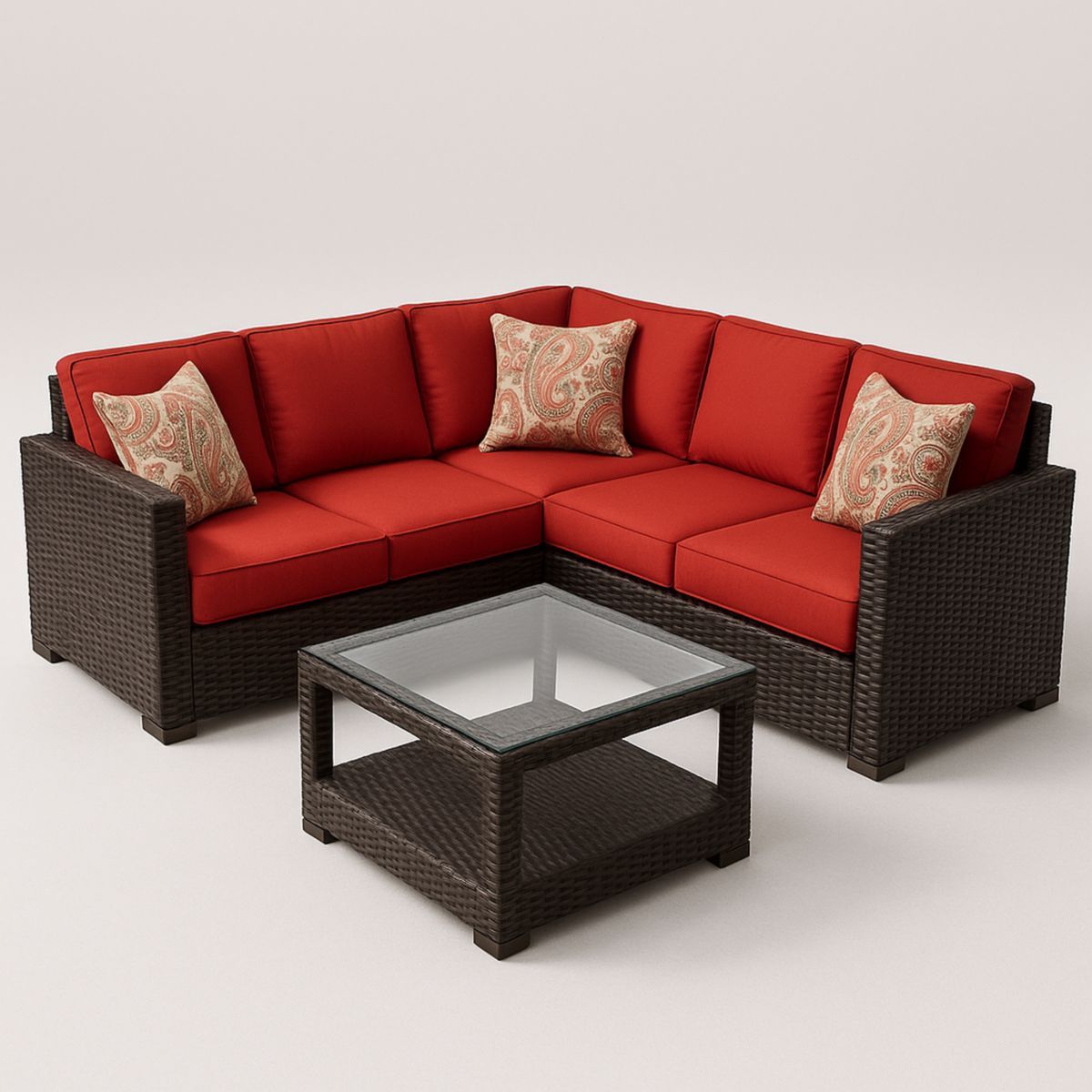 Ensemble de salon modulable d'extérieur en rotin synthétique avec coussins rouges et table basse en verre trempé 210x210x75cm-Pureverdeaura