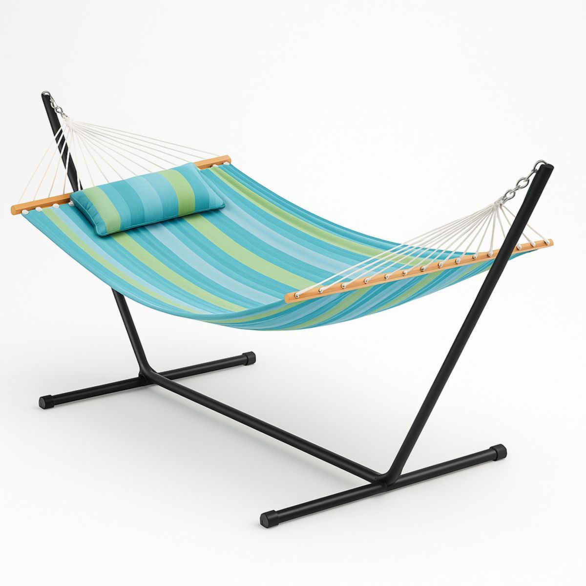 Hamac avec Support Acier Poly-coton Rayures Bleu/Vert 200 cm-Pureverdeaura