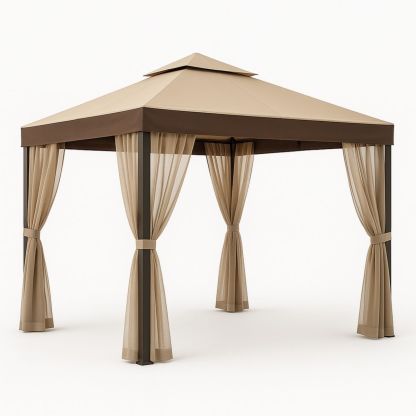 Pavillon de jardin 300x300 cm polyester marron/mousse avec cadre en acier-Pureverdeaura