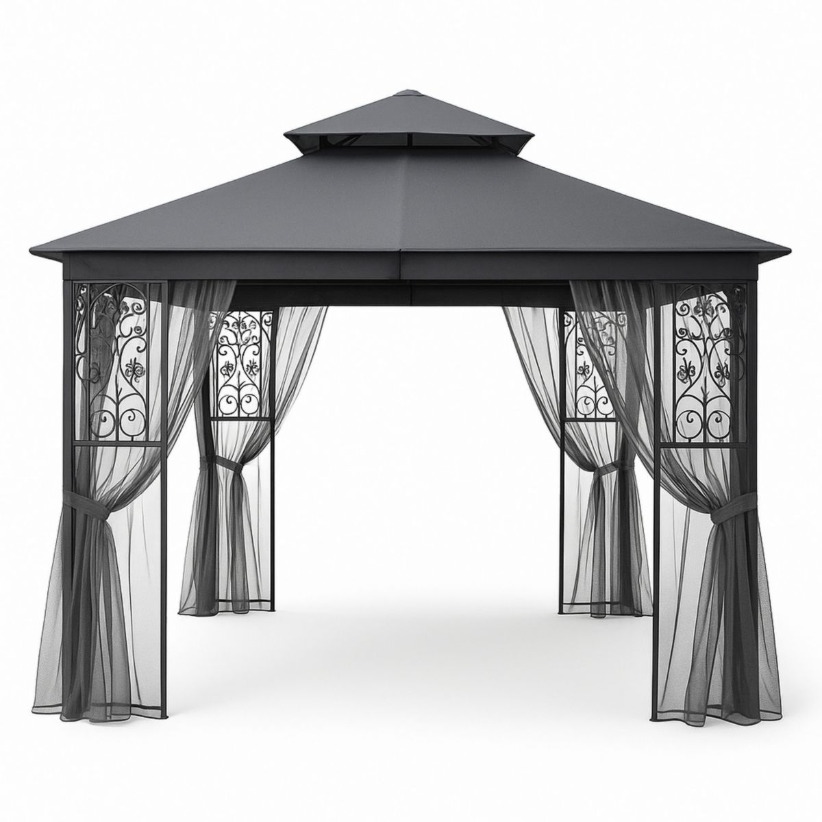 Pavillon de Jardin en Acier avec Rideaux en Mesh 300x300x270 cm Gris Foncé-Pureverdeaura