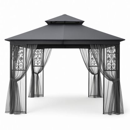 Pavillon de Jardin en Acier avec Rideaux en Mesh 300x300x270 cm Gris Foncé-Pureverdeaura