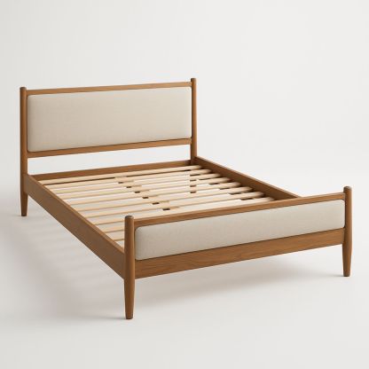 Lit en bois massif avec tête de lit rembourrée 200x160 cm naturel/écru-Pureverdeaura