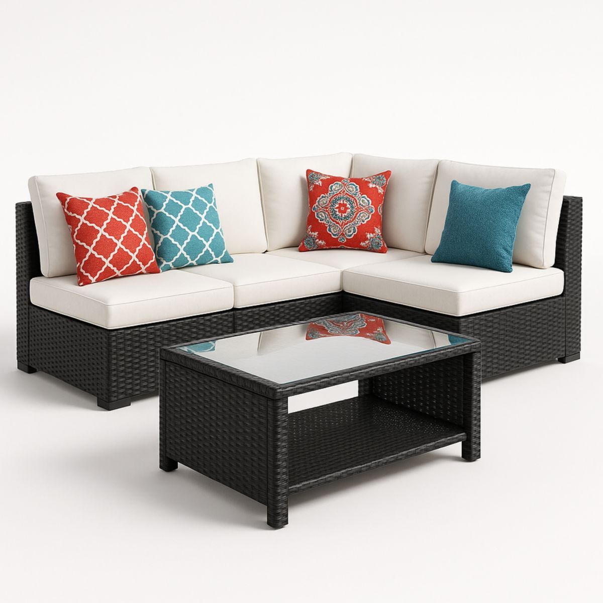 Salon de jardin d'angle en résine tressée noir avec coussins écrus et table basse en verre trempé-Pureverdeaura