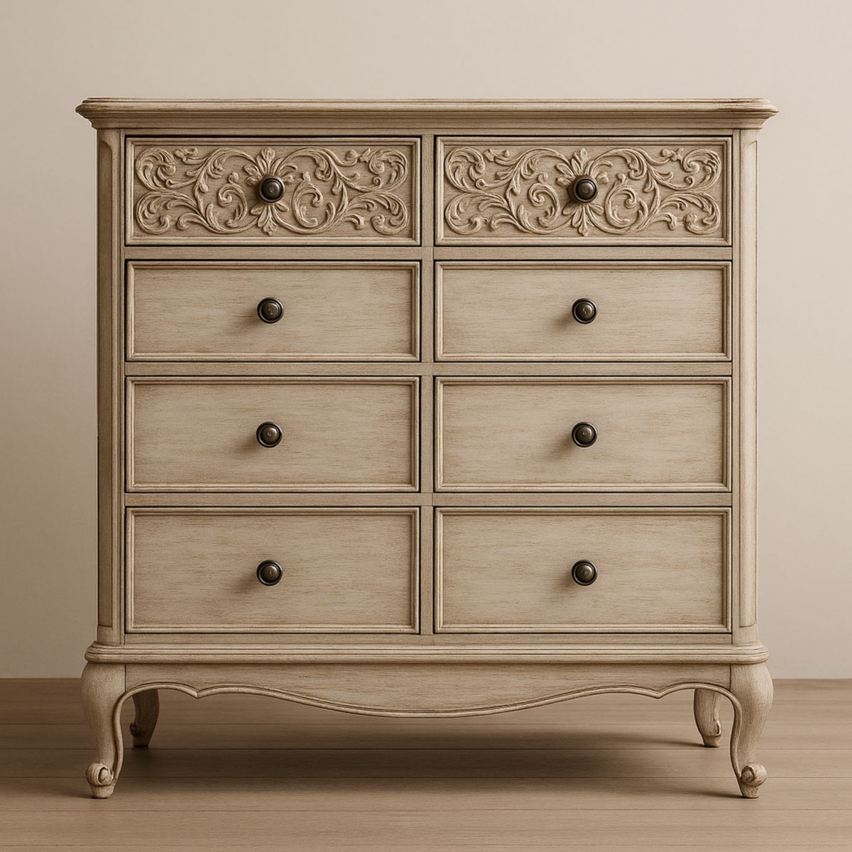 Commode en Bois avec 6 Tiroirs et Motif Sculpté-Pureverdeaura
