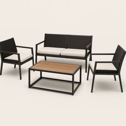 Salon de Jardin 4 Pièces Aluminium Noir Coussins Polyester Blanc avec Table Rectangulaire-Pureverdeaura