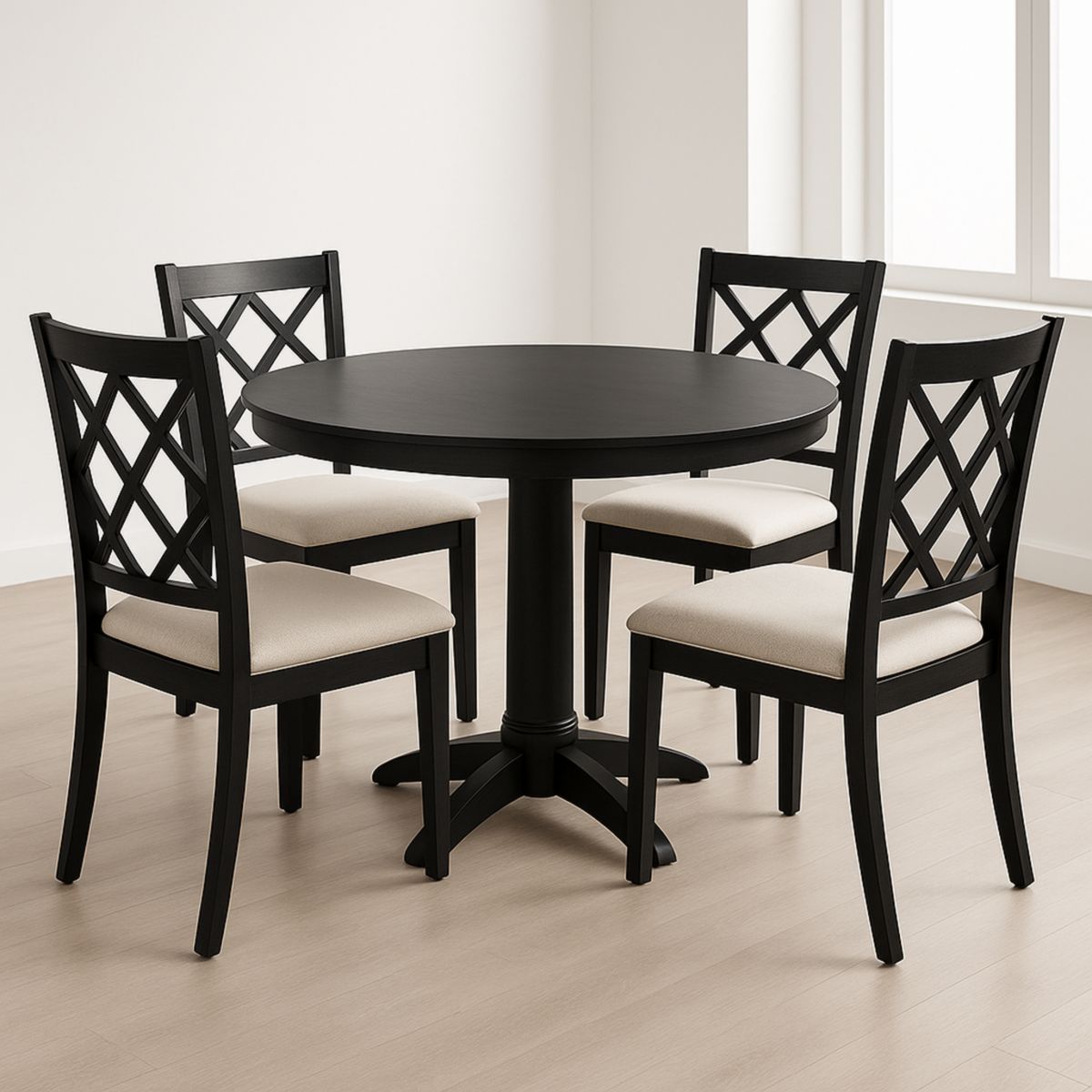 Table ronde en bois avec 4 chaises coussins beige-Pureverdeaura