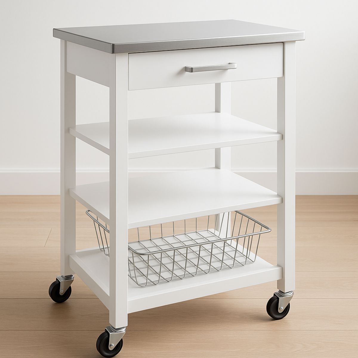 Chariot de cuisine avec plateau en acier inoxydable blanc 85cm-Pureverdeaura