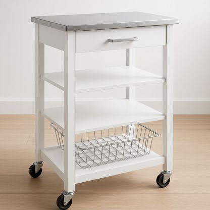 Chariot de cuisine avec plateau en acier inoxydable blanc 85cm-Pureverdeaura