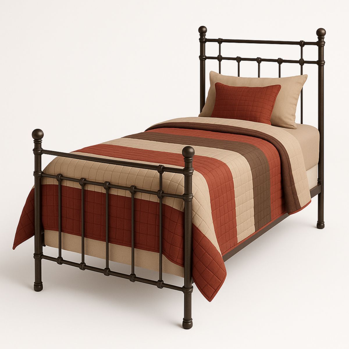 Lit Simple en Métal Noir avec Coussinets en Tissu Rayé 200cm x 90cm-Pureverdeaura