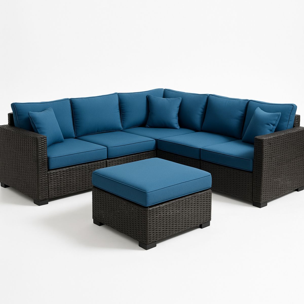 Ensemble Salon de Jardin en Résine Tressée avec Coussins Bleu, Canapé d'Angle 5 Pièces-Pureverdeaura