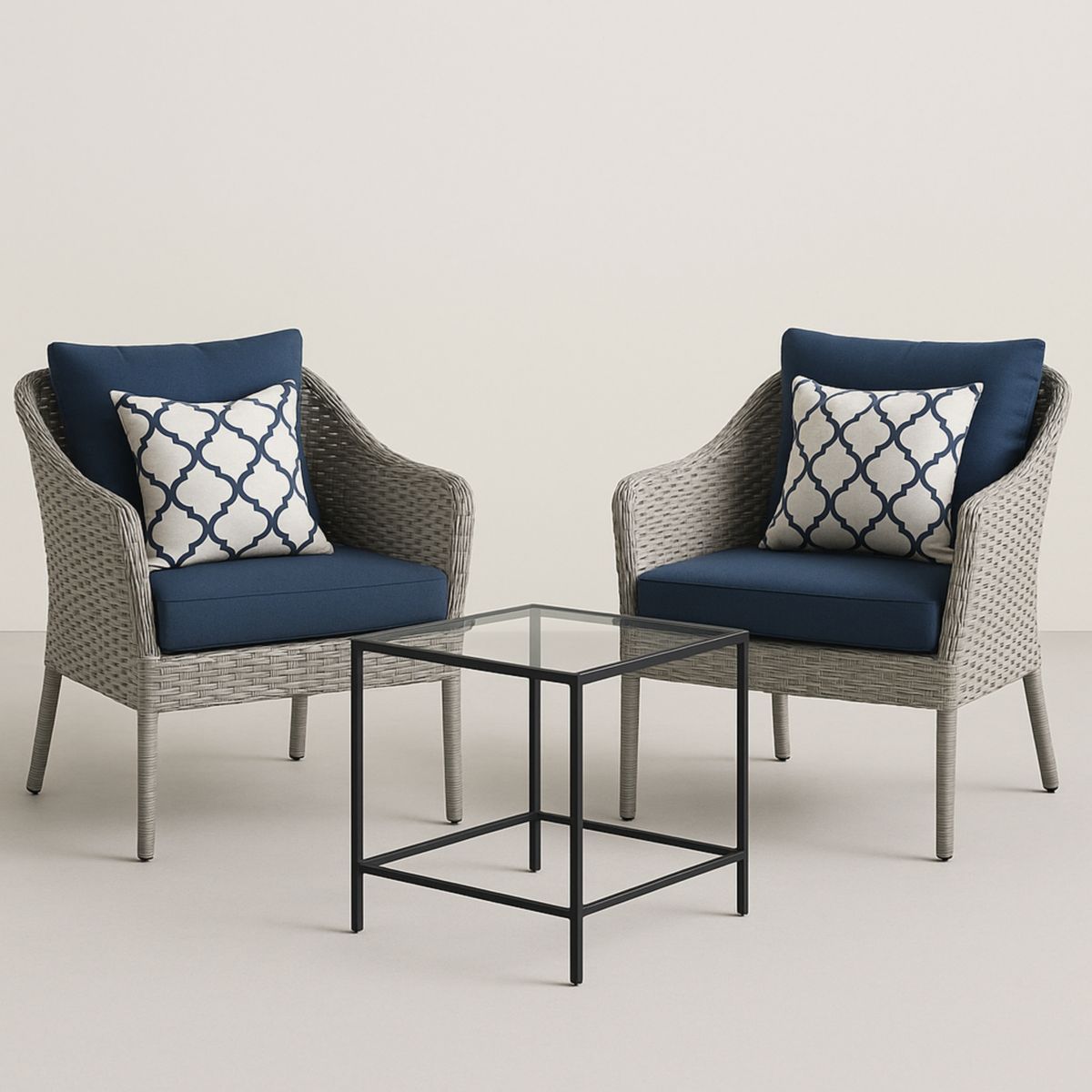 Ensemble mobilier de jardin 3 pièces fauteuils en rotin gris avec coussins bleus et table basse en verre trempé-Pureverdeaura