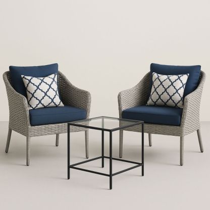 Ensemble mobilier de jardin 3 pièces fauteuils en rotin gris avec coussins bleus et table basse en verre trempé-Pureverdeaura