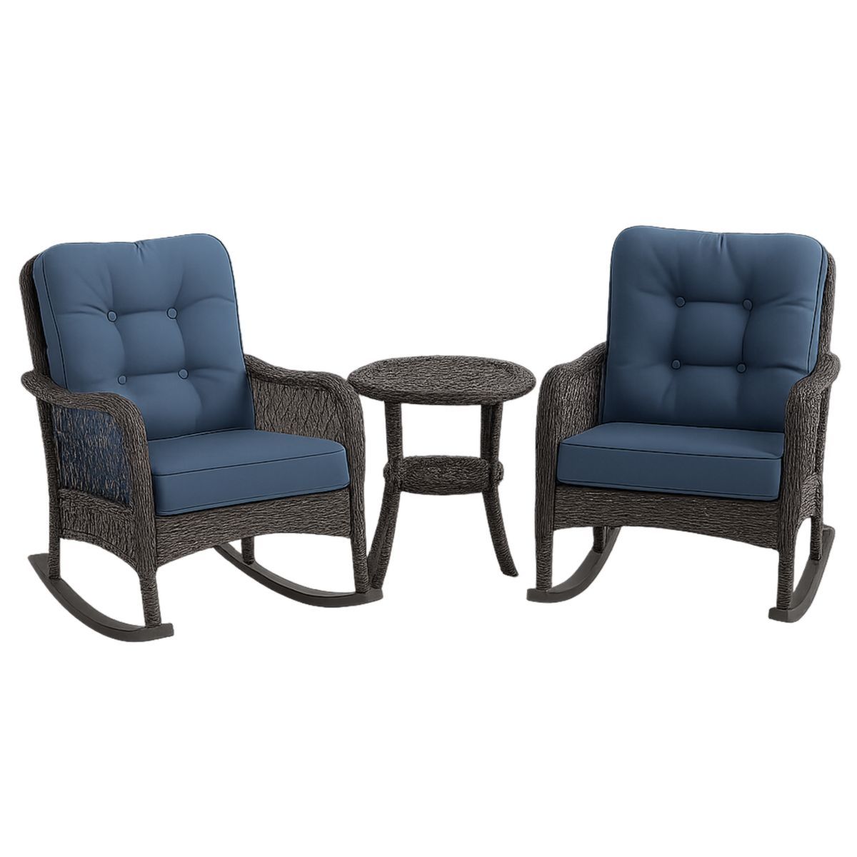 Ensemble de 2 fauteuils à bascule en résine tressée avec coussins bleus et table d'appoint-Pureverdeaura