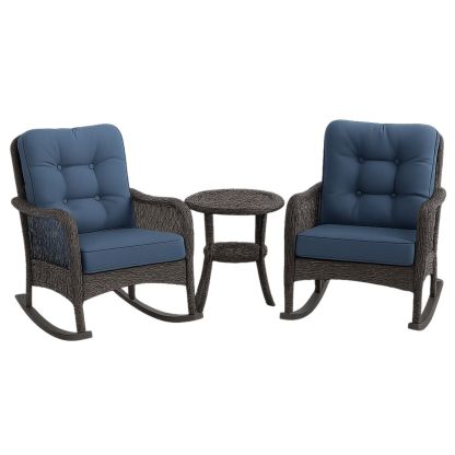 Ensemble de 2 fauteuils à bascule en résine tressée avec coussins bleus et table d'appoint-Pureverdeaura