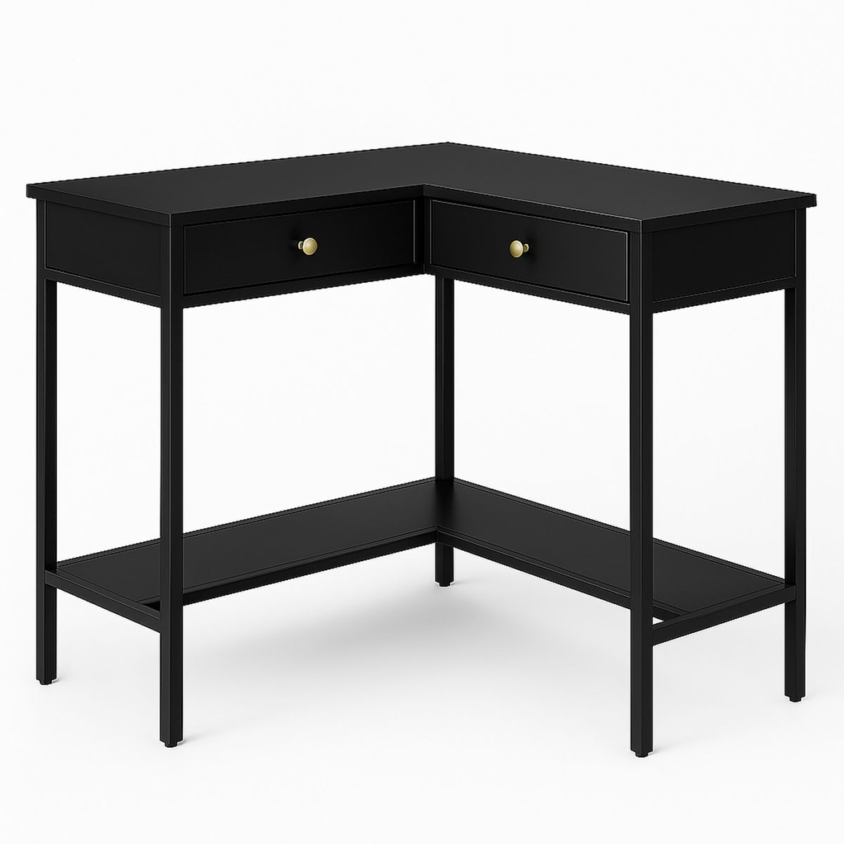 Bureau angle L forme en métal noir avec tiroirs et étagère-Pureverdeaura