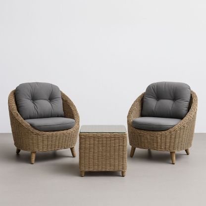 Ensemble de salon de jardin en rotin synthétique avec coussins en polyester gris plateau en verre 2 fauteuils 1 table-Pureverdeaura