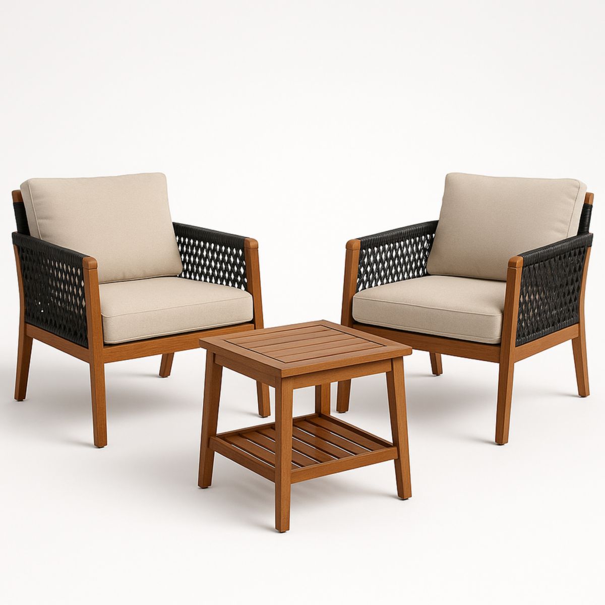 Ensemble de chaises et table d'extérieur en bois et corde 2 places-Pureverdeaura