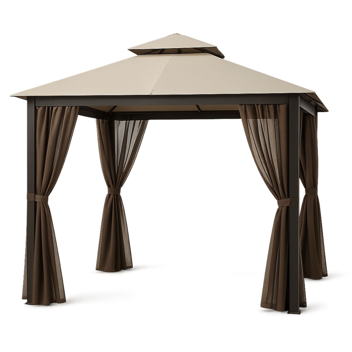 Pavillon de Jardin en Aluminium avec Toit Polycarbonate et Rideaux en Polyester 3x3m Brun-Pureverdeaura