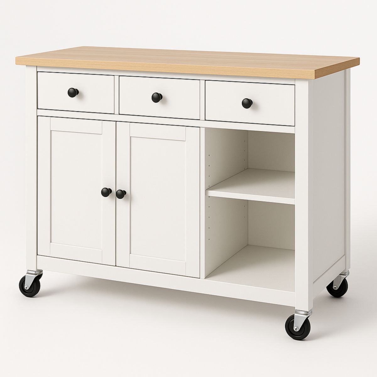 Chariot de cuisine blanc avec plateau en bois 3 tiroirs 2 portes étagère 112x46x90cm-Pureverdeaura