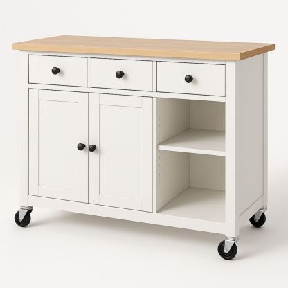 Chariot de cuisine blanc avec plateau en bois 3 tiroirs 2 portes étagère 112x46x90cm-Pureverdeaura