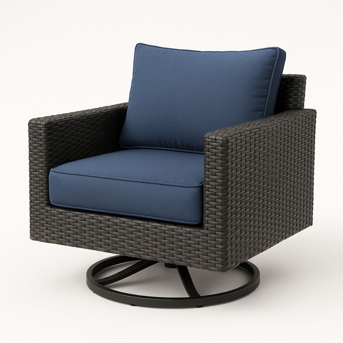 Fauteuil pivotant en rotin synthétique avec coussins en polyester bleu-Pureverdeaura
