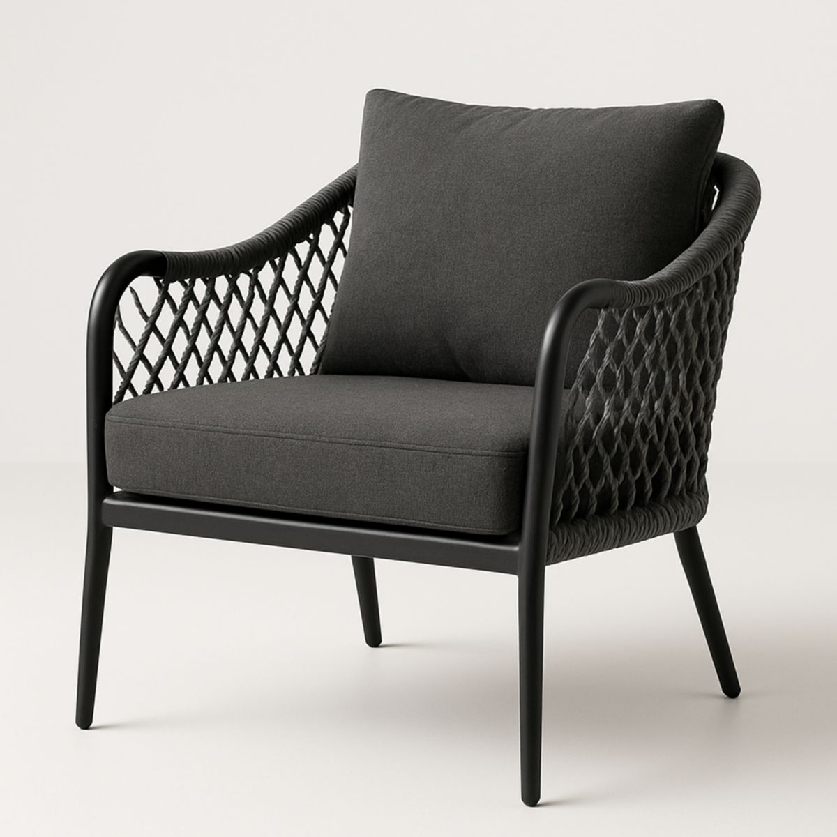 Fauteuil en aluminium avec revêtement en corde noir et coussins en polyester 78 cm x 70 cm x 80 cm-Pureverdeaura