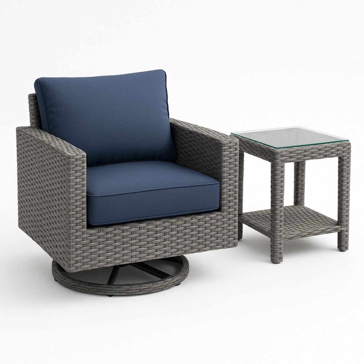 Ensemble de Salon de Jardin en Rotin avec Fauteuil Pivotant et Table Basse Carrée en Verre, Gris/Bleu-Pureverdeaura