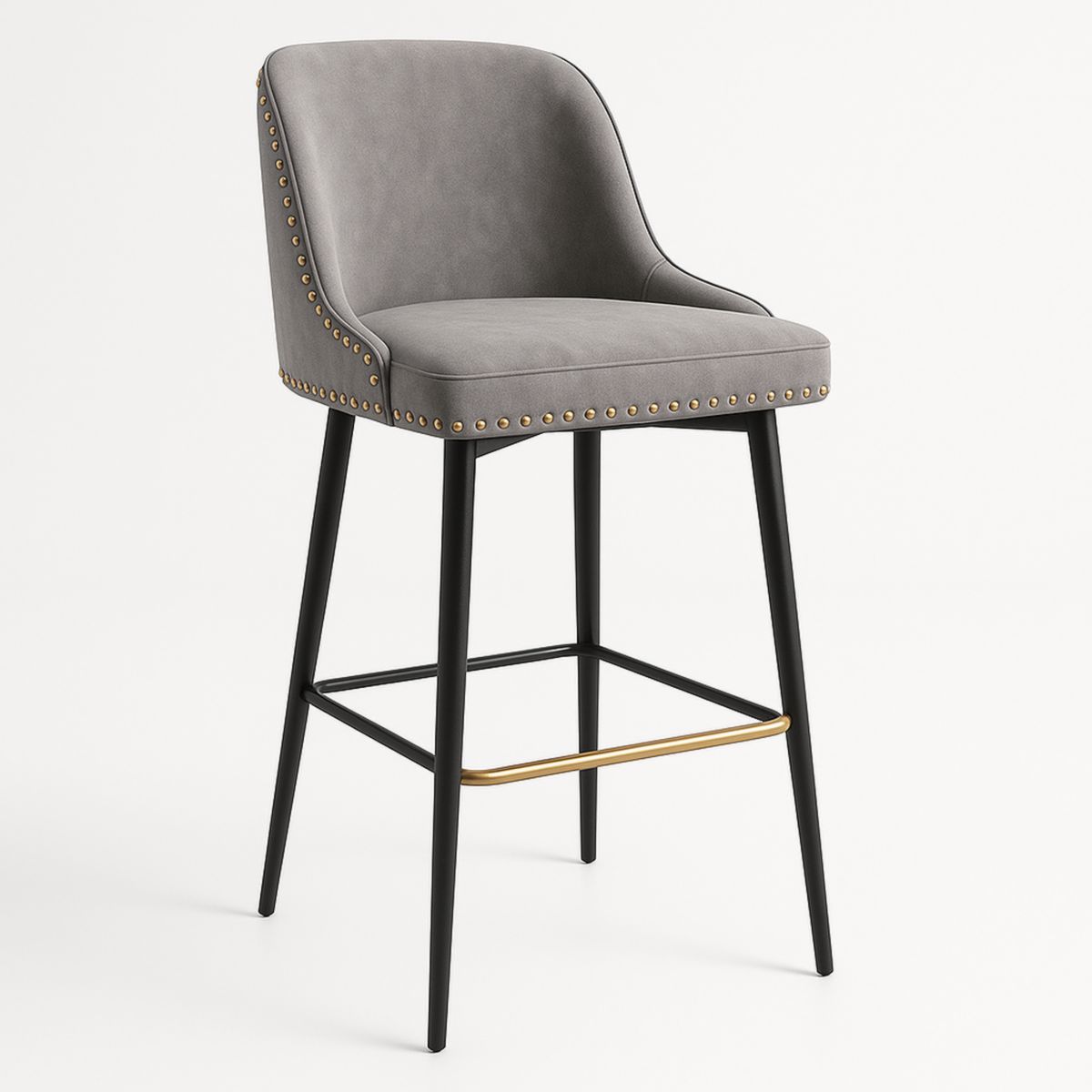 Chaise de bar en tissu gris avec pieds en métal noir et repose-pieds doré-Pureverdeaura