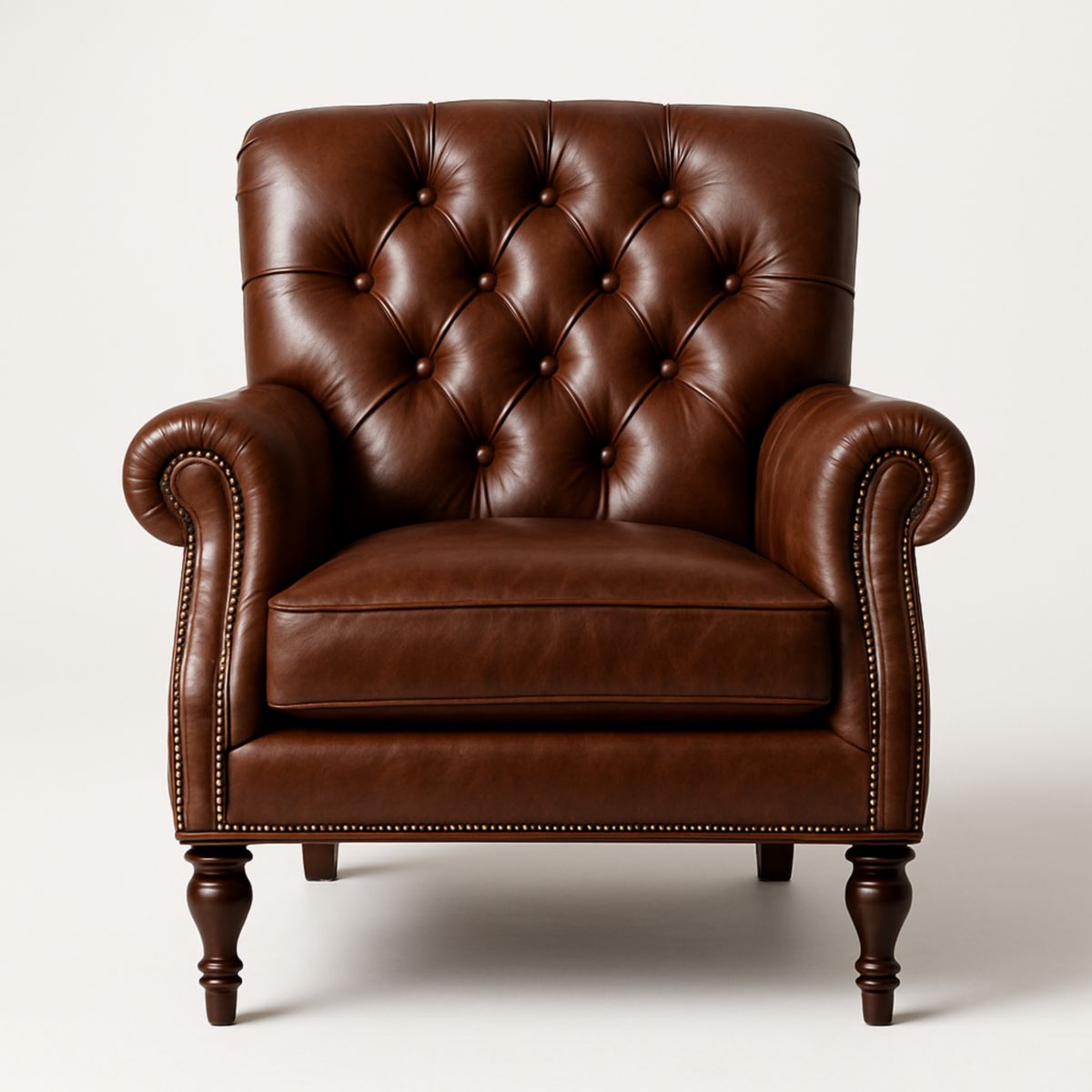Fauteuil en cuir marron capitonné accoudoirs enroulés 85cm x 90cm x 100cm-Pureverdeaura
