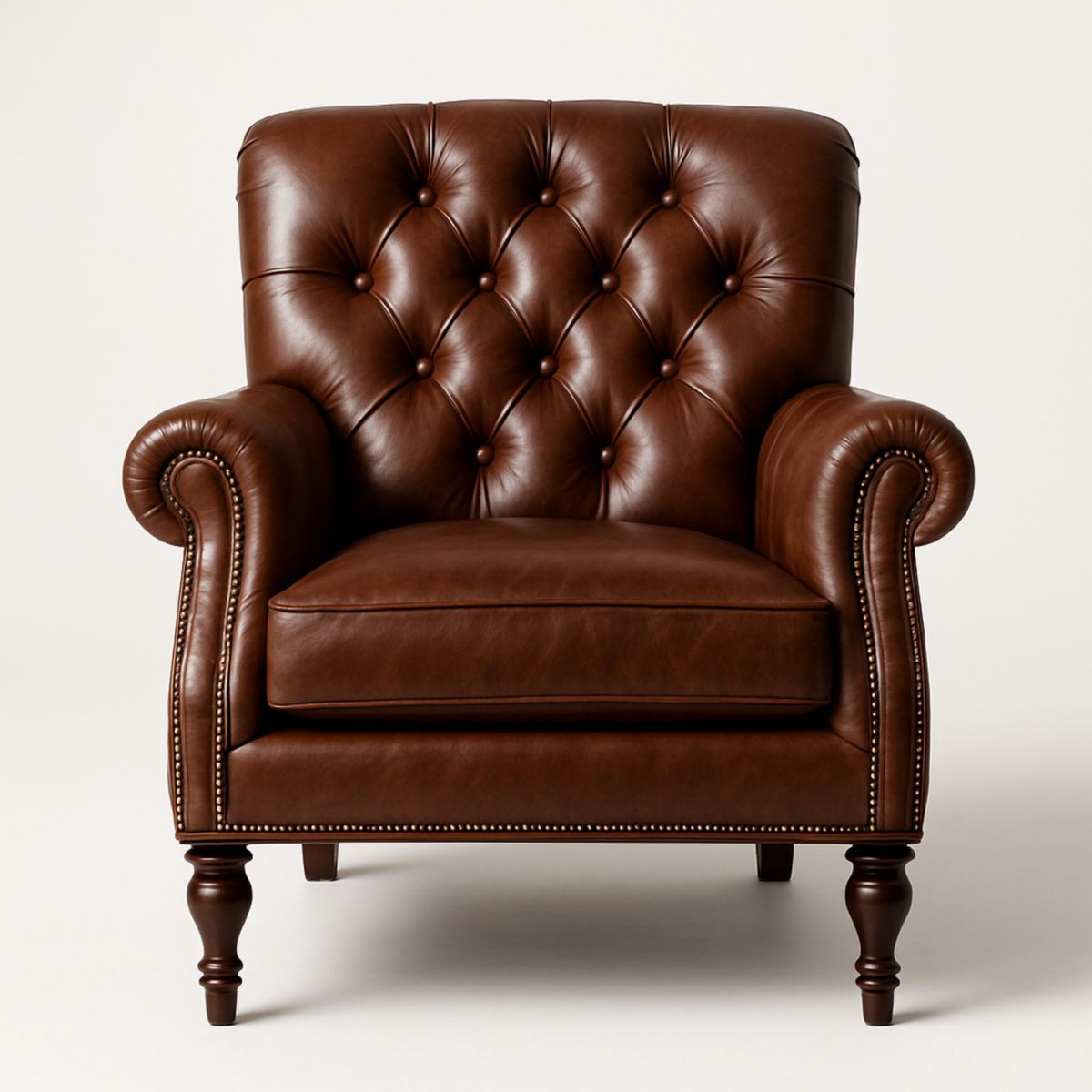 Fauteuil en cuir marron capitonné accoudoirs enroulés 85cm x 90cm x 100cm-Pureverdeaura