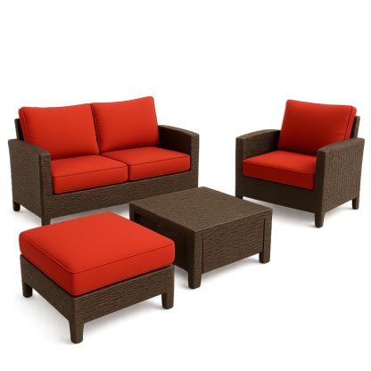 Ensemble de Salon de Jardin en Résine Marron avec Coussins Rouges 4 Pièces-Pureverdeaura