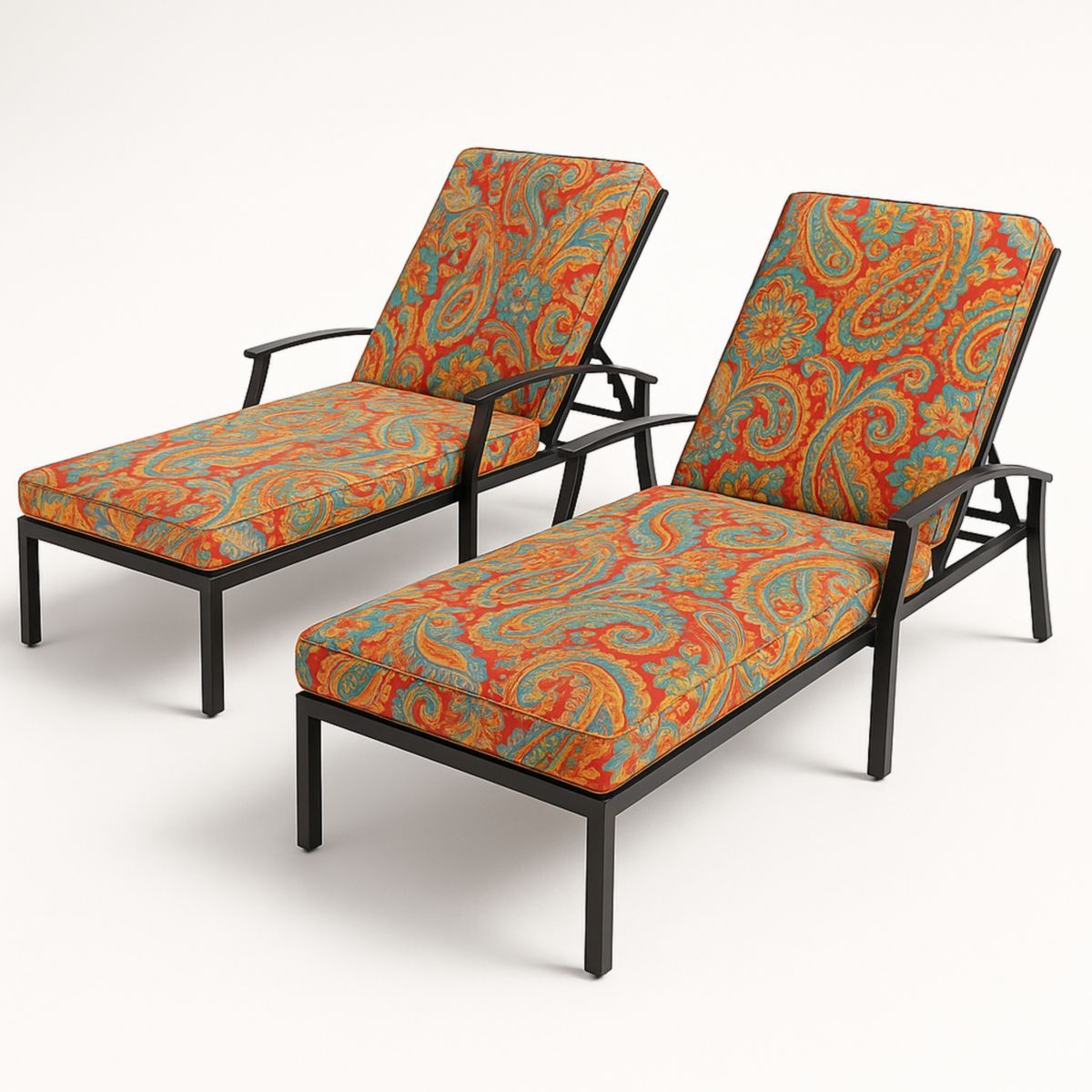 Lot de 2 chaises longues avec coussins en acier noir et tissu polyester multicolore-Pureverdeaura