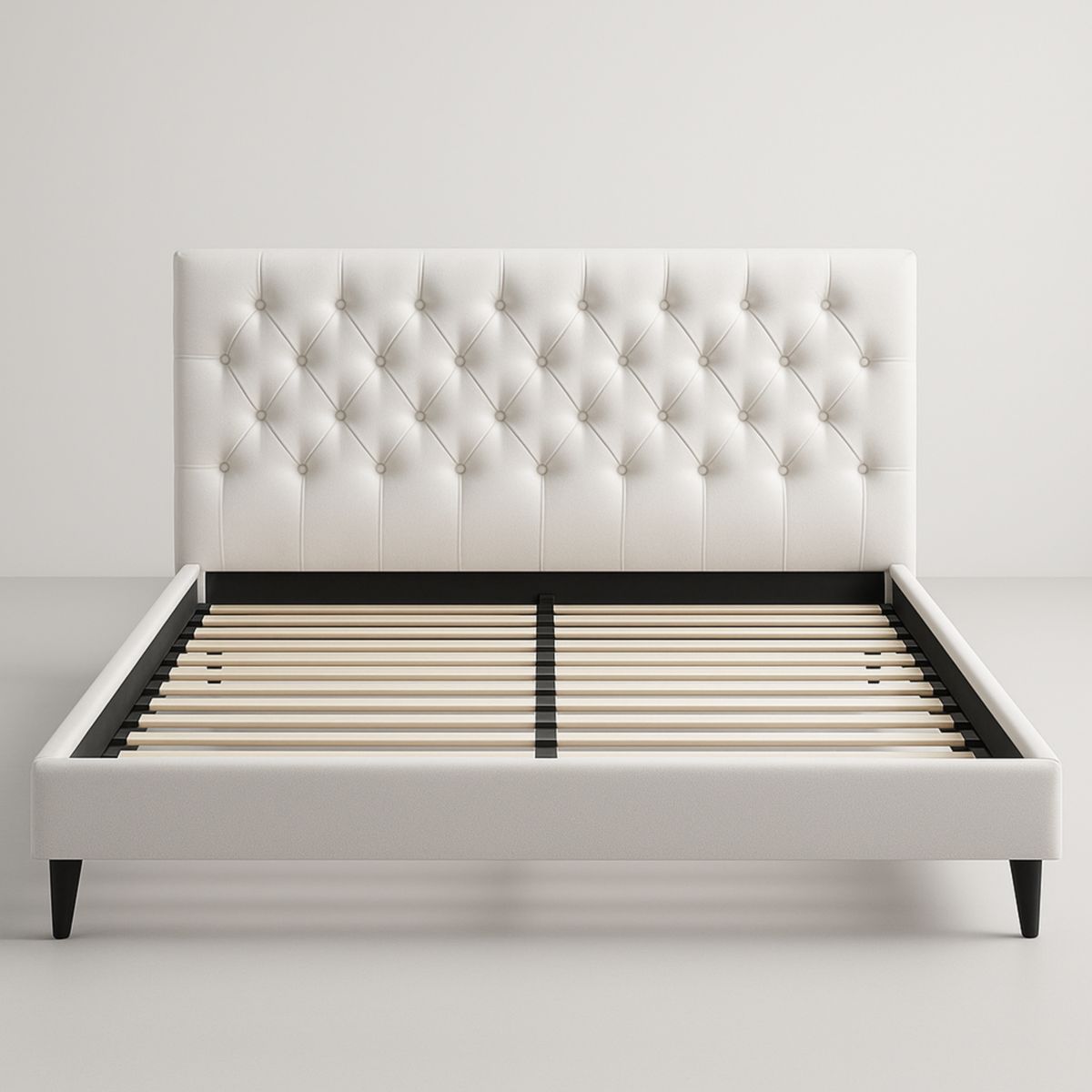 Lit double avec tête de lit capitonnée en tissu blanc 160x200 cm-Pureverdeaura