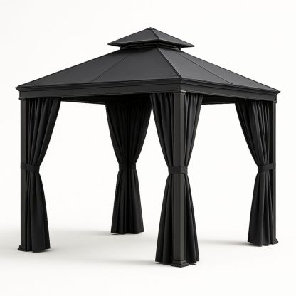 Pavillon en Aluminium avec Rideaux en Polyester Noir 300 cm x 300 cm-Pureverdeaura