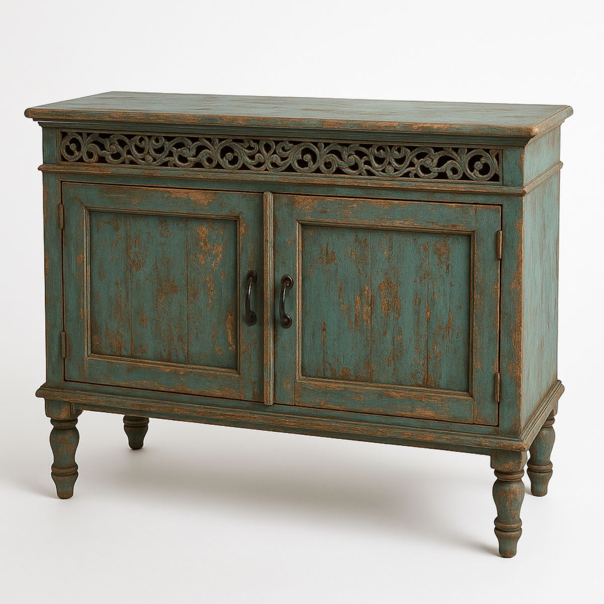 Buffet en bois massif avec motifs sculptés 120 cm x 40 cm x 90 cm vert vieilli-Pureverdeaura