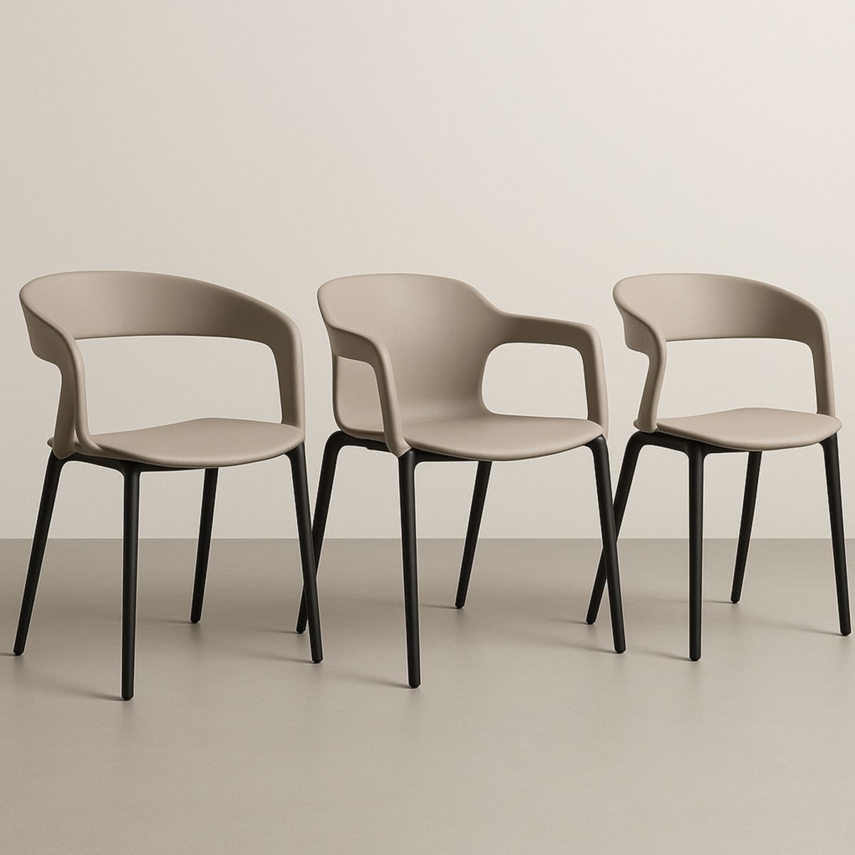 Lot de 3 chaises avec accoudoirs en polypropylène Taupe avec pieds en métal noir-Pureverdeaura